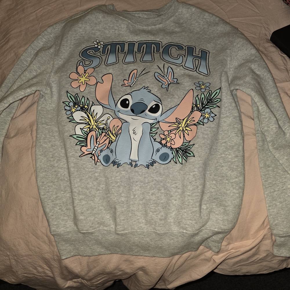 Disney Stitch Pullover Sweatshirt - Light Gray with Blue Print XS